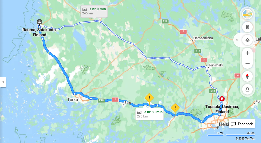 Rauman ja Tuusulan valinen matka: Etaisyys, ajo, kuljetus ja matkustusvaihtoehdot