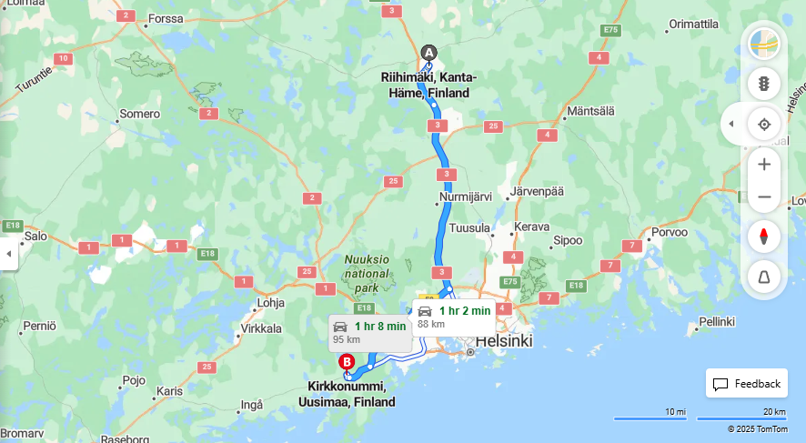 Riihimaelta Kirkkonummelle - Matkan pituus, ajo, liikenne ja matkustusvaihtoehdot