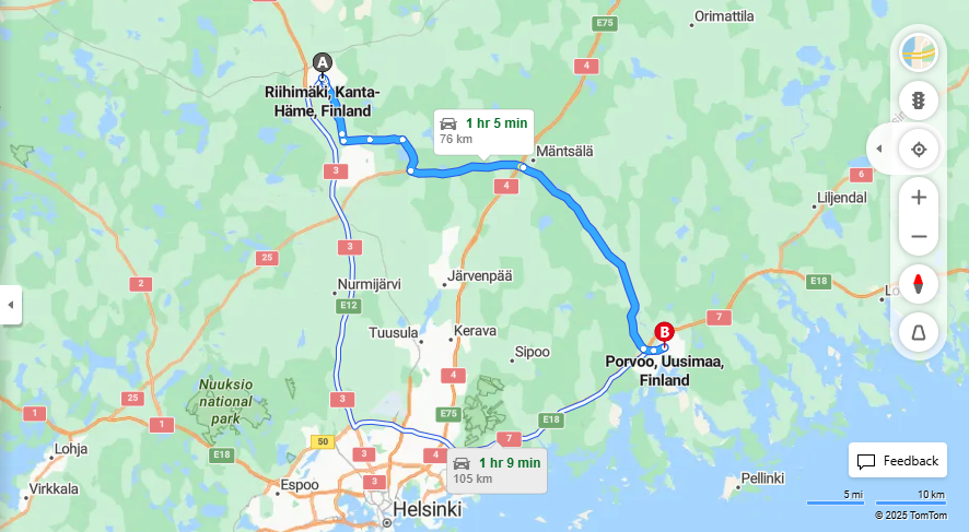 Riihimaelta Porvooseen - Etaisyys, Ajo, Kuljetus ja Matkustusmahdollisuudet