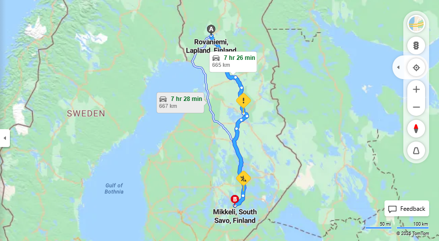 Rovaniemesta Mikkeliin - Matkanetaisyys ja liikkumismahdollisuudet