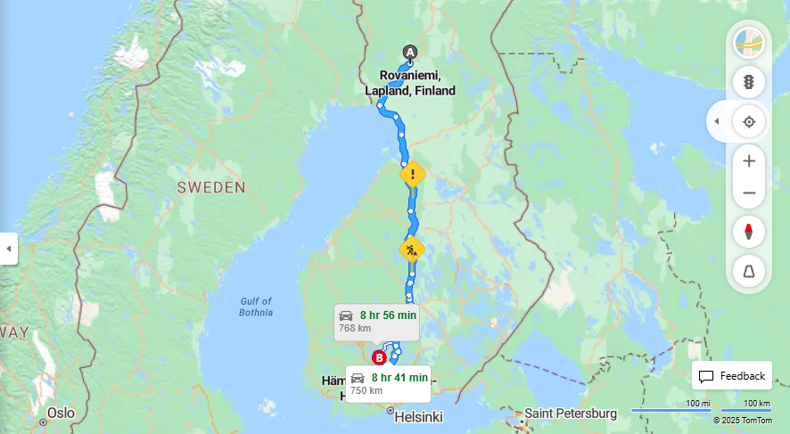 Rovaniemi Hameenlinna - Matka, Ajoreitti, Liikenneyhteydet ja Matkustusvaihtoehdot