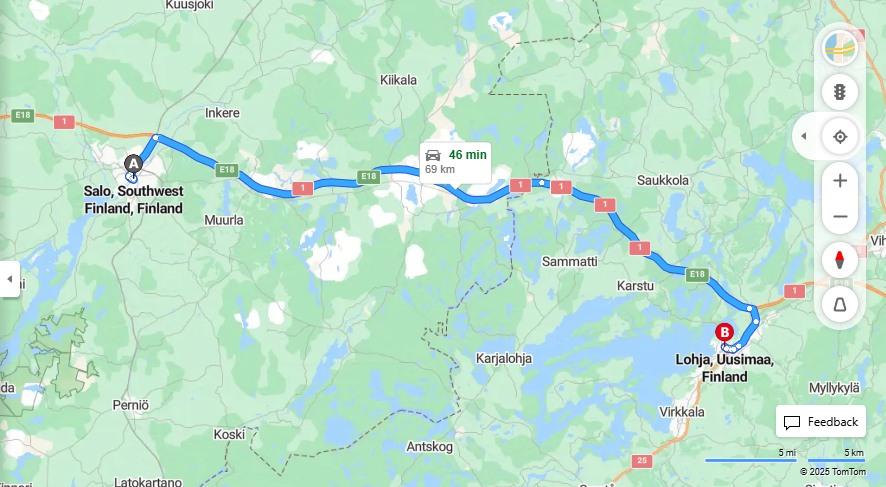 Salo ja Lohja - Matkan etaisyys, ajo, liikenne ja matkustusvaihtoehdot