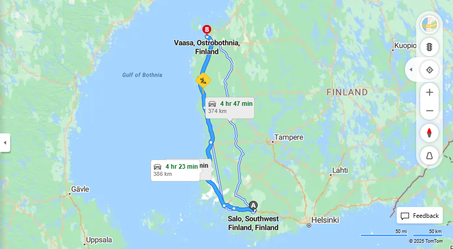 Salo ja Vaasa - Etaisyys, Ajo, Liikenne ja Matkustusvaihtoehdot