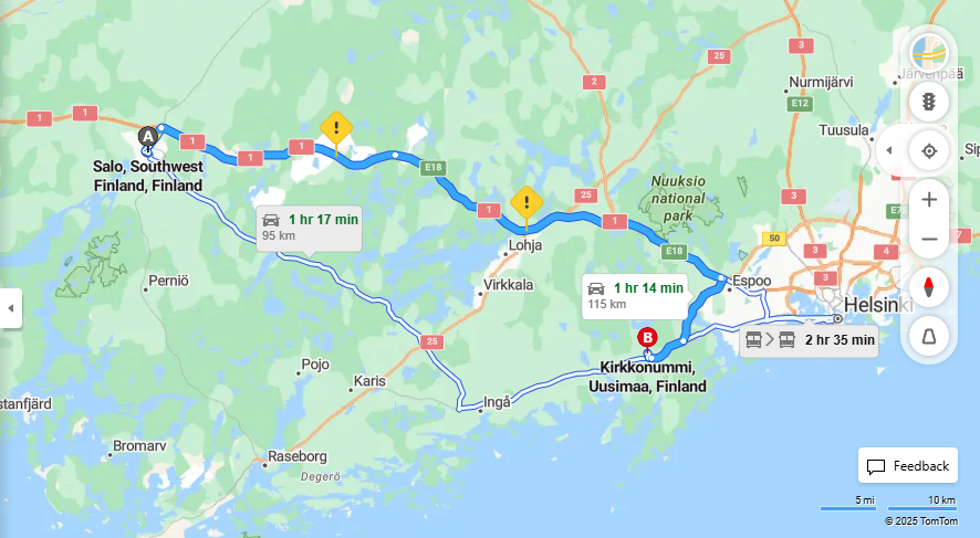 Salo - Kirkkonummi: Etaisyys, Ajo, Liikenne ja Matkavaihtoehdot