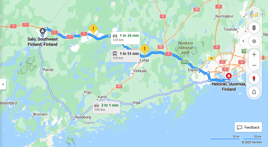 Salosta Helsinkiin - Etaisyys, Ajo, Kuljetus ja Matkustusmahdollisuudet