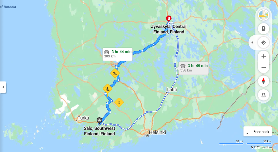 Salosta Jyvaskylaan - Etaisyys, Ajomatka, Kuljetus ja Matkustusmahdollisuudet