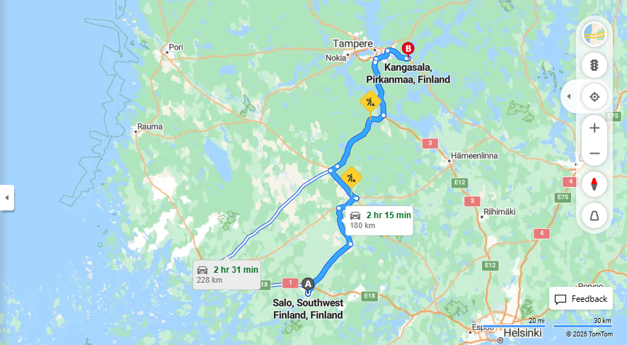 Salosta Kangasalle - Etaisyys, ajo, kuljetus ja matkustusvaihtoehdot