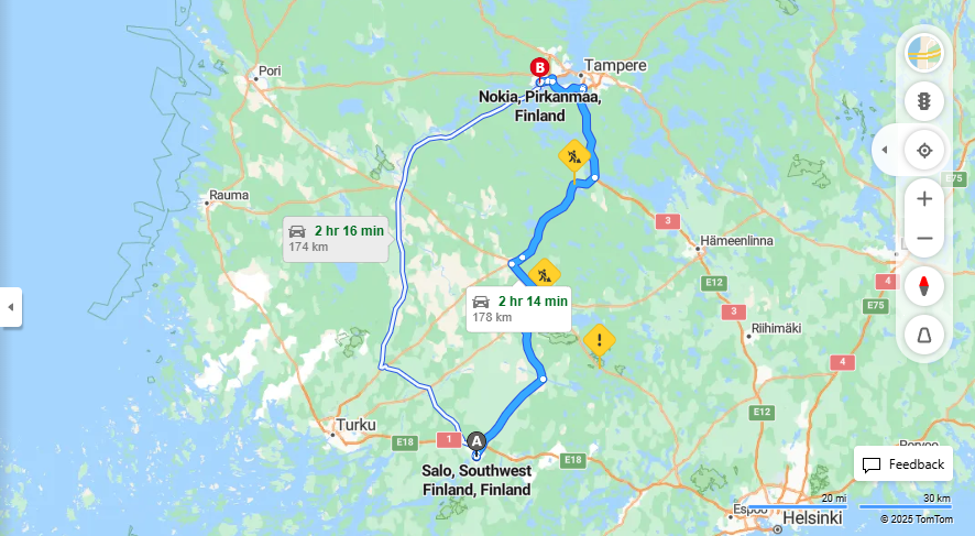 Salosta Nokialle - Etaisyys, kuljetus ja matkustusvaihtoehdot