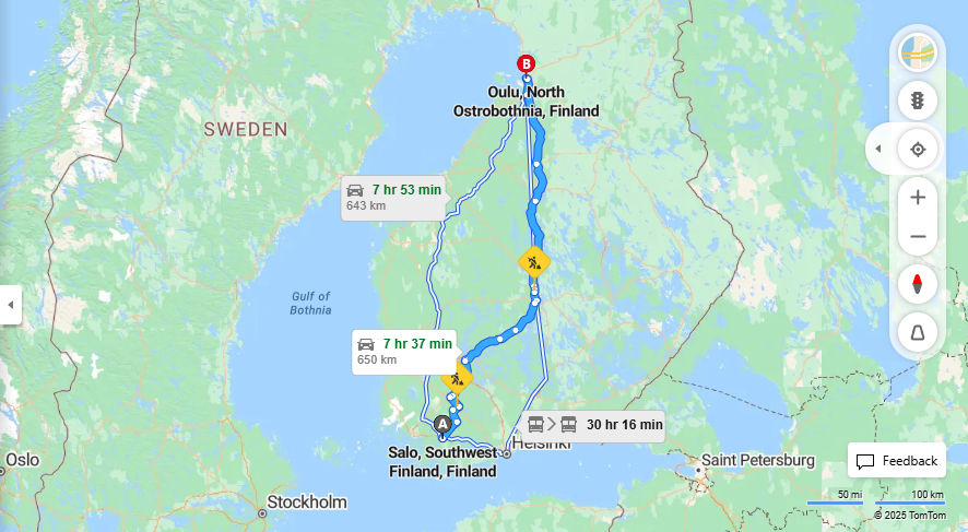 Salosta Ouluun - Etaisyys, Ajomatka, Kuljetus ja Matkustusvaihtoehdot