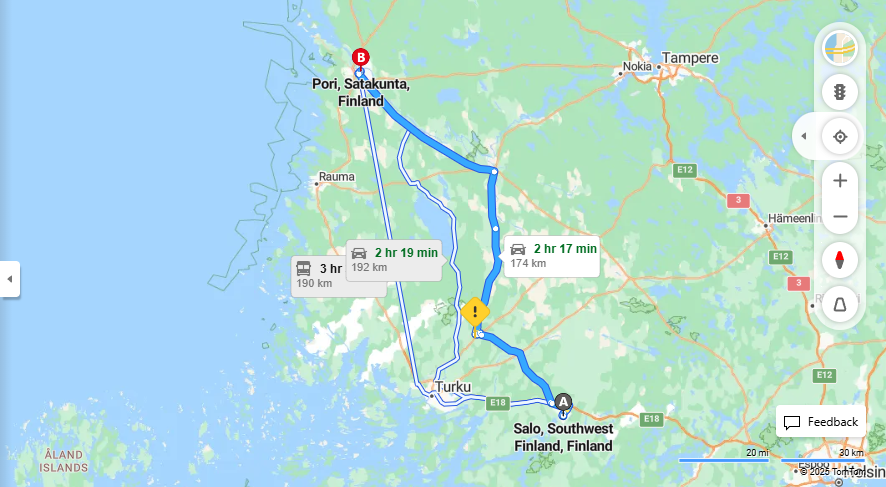 Salosta Poriin - Etaisyys, Ajo, Kuljetus ja Matkustusvaihtoehdot