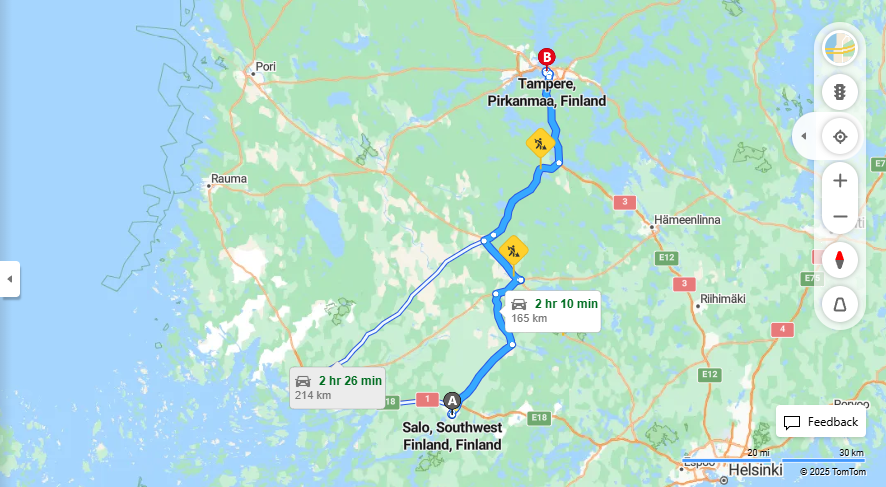 Salosta Tampereelle - Etaisyys, Ajoreitit, Kuljetus ja Matkustusmahdollisuudet