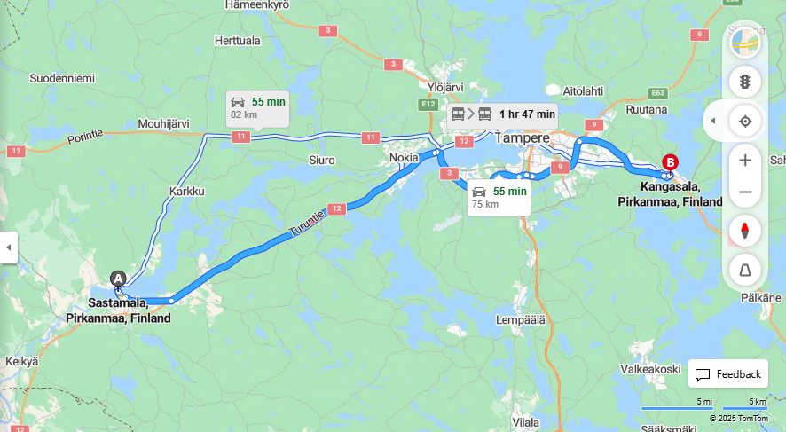 Sastamalasta Kangasalle - Etaisyys, Ajo, Kuljetus ja Matkustusvaihtoehdot