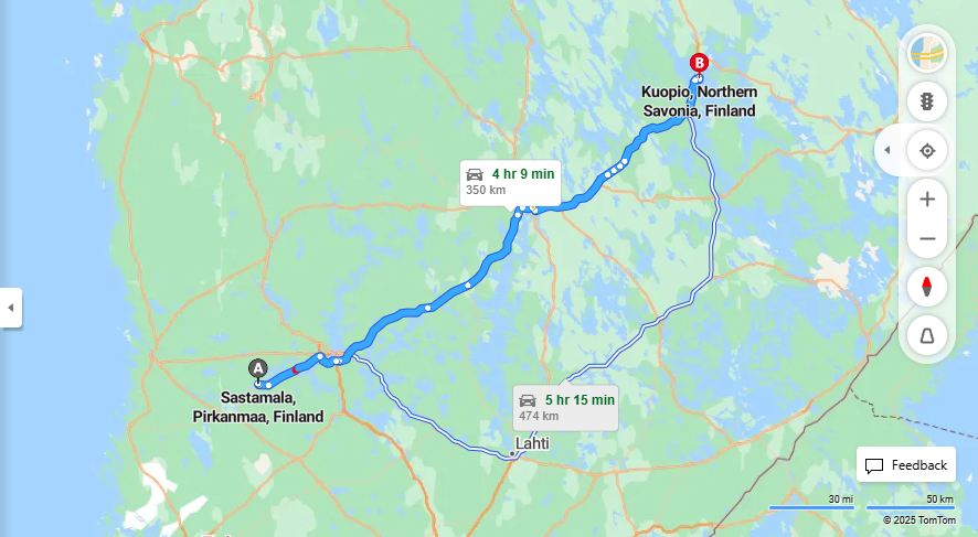 Sastamalasta Kuopioon - Etaisyys, Ajo, Liikenne ja Matkustusmahdollisuudet