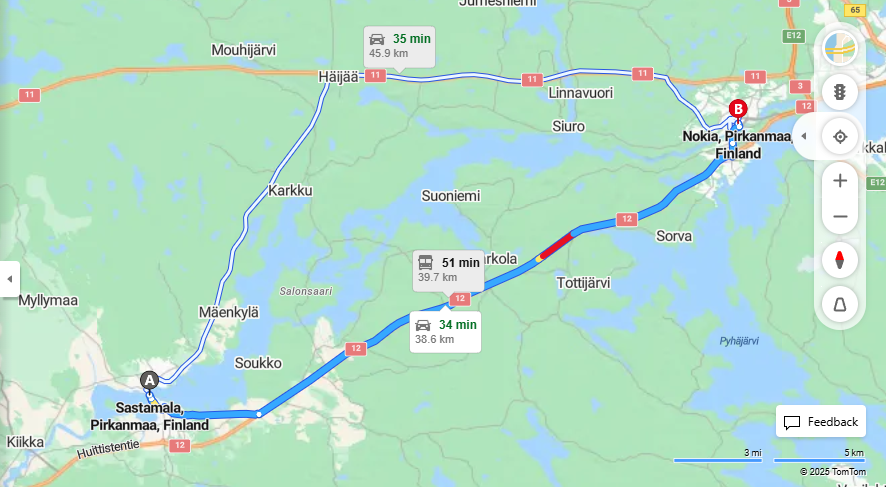 Sastamalasta Nokialle - Etaisyys, Ajomatka, Kuljetus ja Matkustamisvaihtoehdot