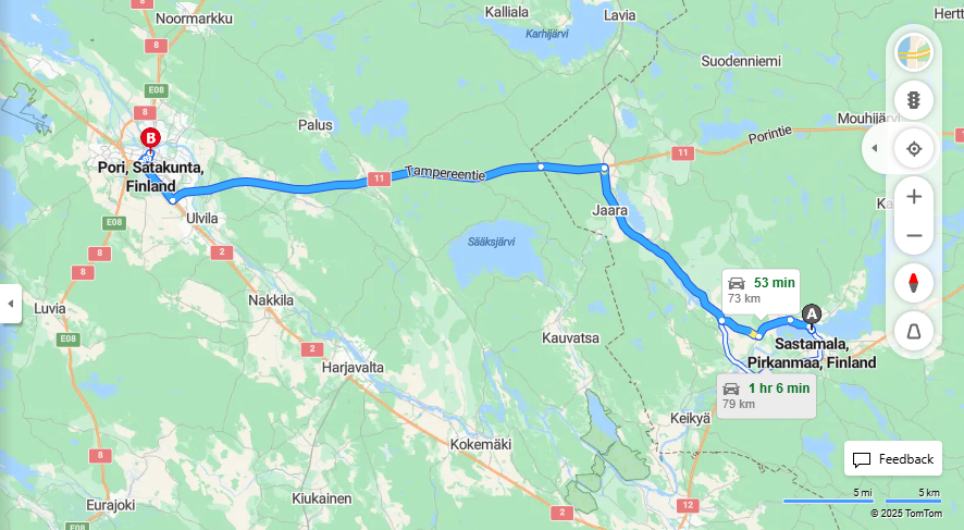 Sastamalasta Porin matka: Etaisyys, ajo, kuljetus ja matkustusmahdollisuudet