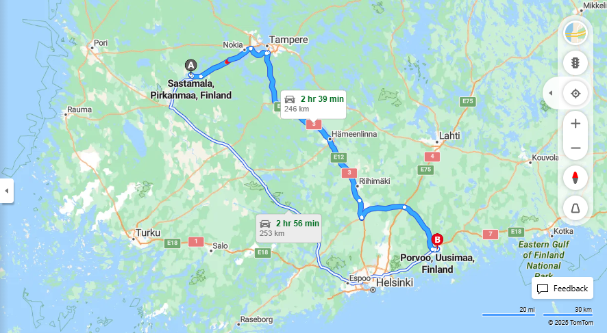 Sastamalasta Porvooseen - Etaisyys, Ajo, Kuljetus ja Matkustusmahdollisuudet