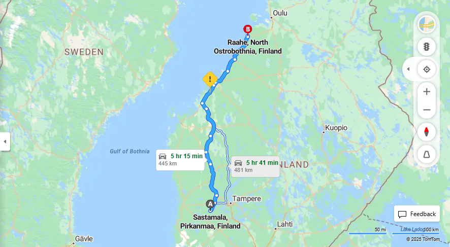 Sastamalasta Raaheen - Etaisyys, Ajaminen, Kuljetus ja Matkustusmahdollisuudet