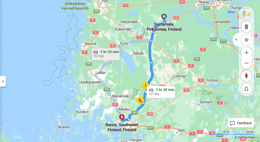 Sastamalasta Raisioon - Etaisyys, Ajo, Liikenne ja Matkustusvaihtoehdot