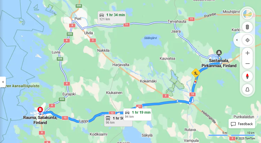 Sastamalasta Raumalle - Etaisyys, Ajo, Kuljetus ja Matkustusvaihtoehdot