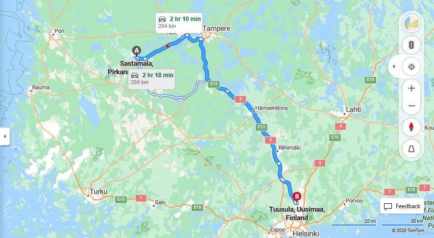 Sastamalasta Tuusulaan - Etaisyys, Ajo, Liikenne ja Matkavaihtoehdot