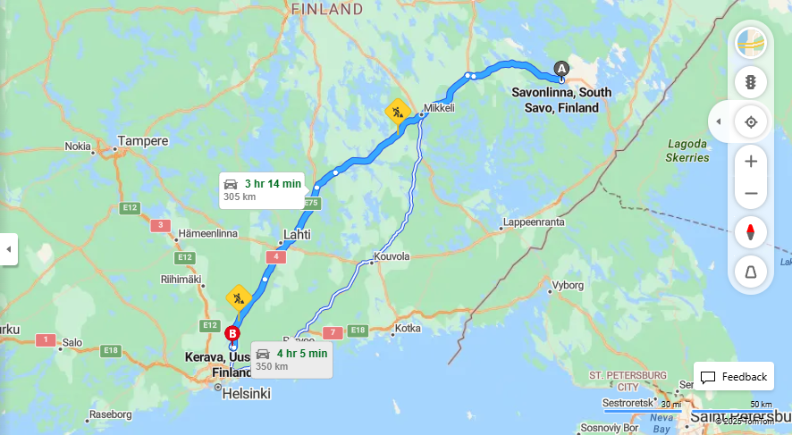 Savonlinnan ja Keravan valinen etaisyys, ajo, liikenne ja matkustusvaihtoehdot