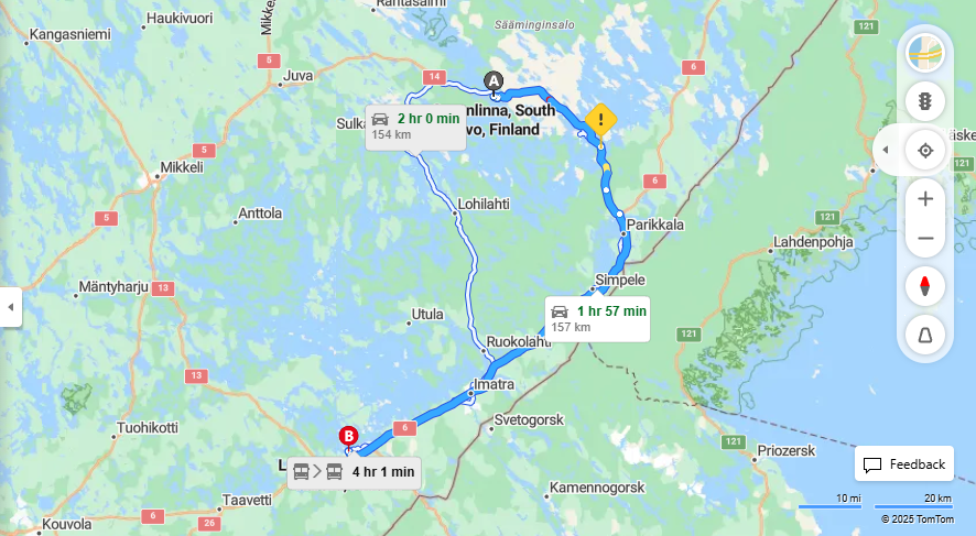 Savonlinnan ja Lappeenrannan valinen matka - Etaisyys, Ajaminen, Kuljetus ja Matkustusvaihtoehdot