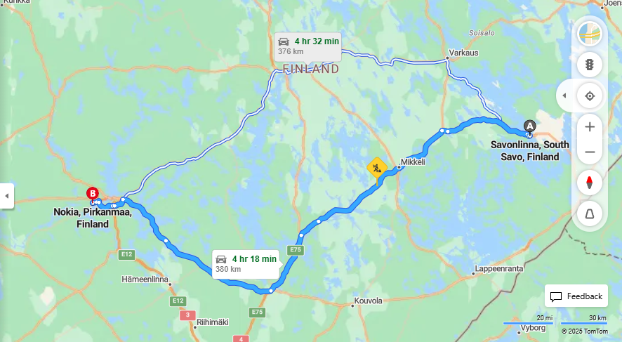 Savonlinnan ja Nokian valinen etaisyys, ajaminen, liikennemuodot ja matkustusvaihtoehdot