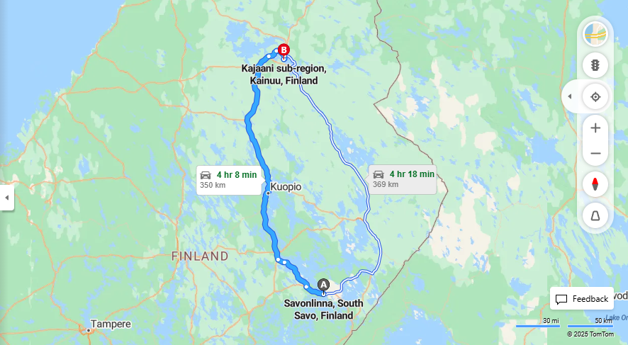 Savonlinnasta Kajaaniin - Matkan etaisyys, ajaminen, kuljetus ja matkustusvaihtoehdot