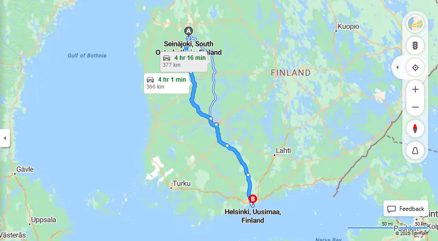 Seinajoelta Helsinkiin - Matkan etaisyys, ajo, liikenne ja matkavaihtoehdot