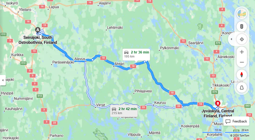 Seinajoelta Jyvaskylaan - Etaisyys, Ajo, Kuljetus ja Matkustusmahdollisuudet