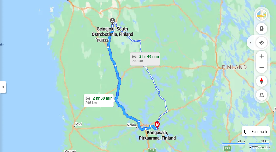 Seinajoelta Kangasalalle - Etaisyys, Ajo, Kuljetus ja Matkustusmahdollisuudet