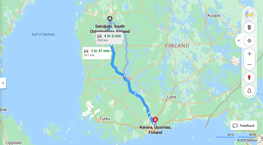 Seinajoelta Keravalle - Etaisyys, Ajaminen, Kuljetus ja Matkustusvaihtoehdot
