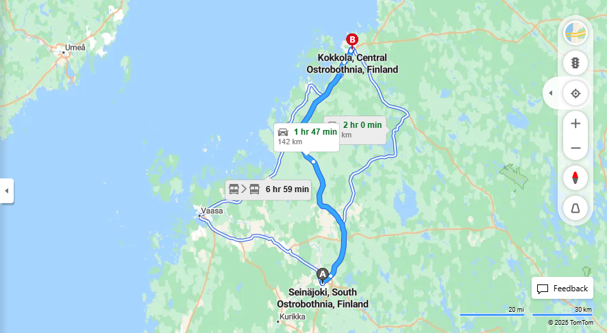 Seinajoelta Kokkolaan - Etaisyys, Ajo, Kuljetus ja Matkustusmahdollisuudet