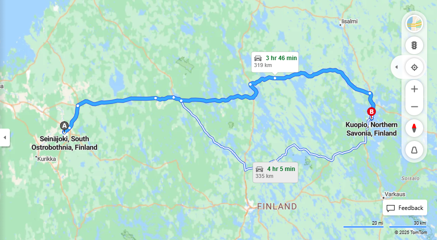 Seinajoelta Kuopioon - Etaisyys, Ajaminen, Liikkumisvaihtoehdot ja Matkustusmahdollisuudet