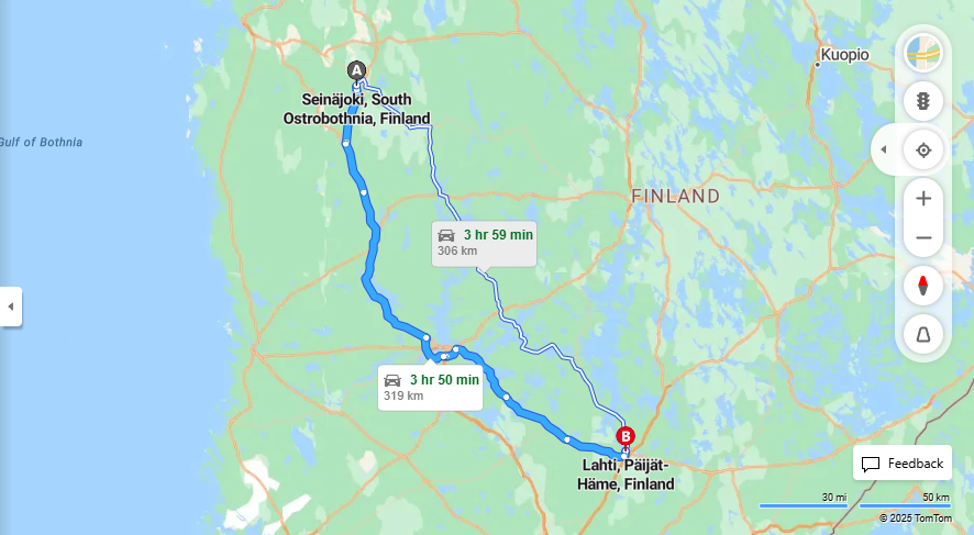 Seinajoelta Lahteen - Etaisyys, Ajo, Liikkuminen ja Matkustamisvaihtoehdot