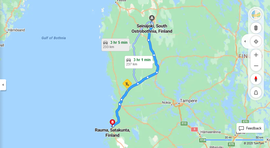 Seinajoelta Raumalle - Etaisyydet, Ajomatkat, Kuljetusmahdollisuudet ja Matkustamisvaihtoehdot