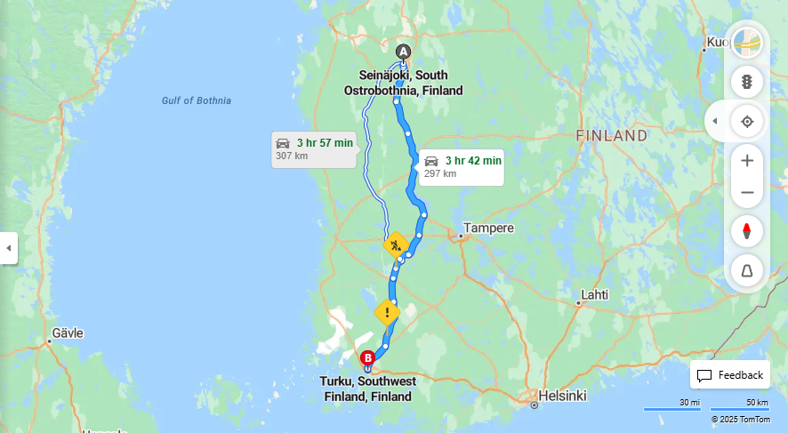 Seinajoelta Turkuun - Matkan etaisyys, ajo, kuljetus ja matkustusvaihtoehdot