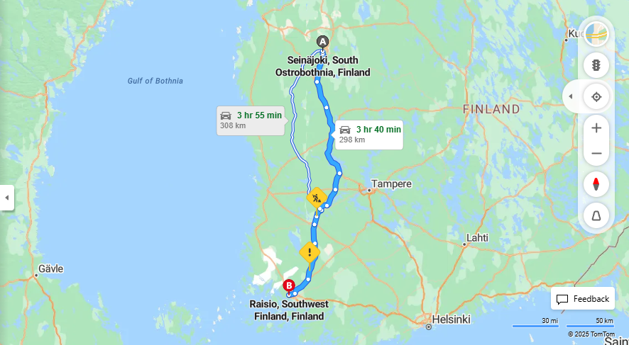 Seinajoki - Raisio: Etaisyydet, Ajomatkat, Kuljetus ja Matkustusvaihtoehdot