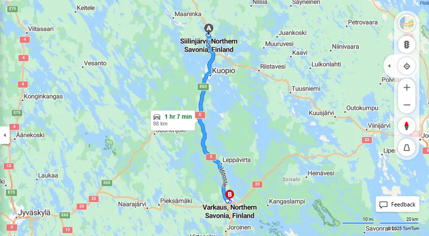 Siilinjarven ja Varkauden valinen etaisyys, ajo, liikenne ja matkustusvaihtoehdot