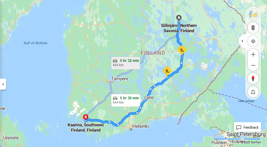 Siilinjarvi-Kaarina: Etaisyydet, Ajo, Kuljetus ja Matkavaihtoehdot