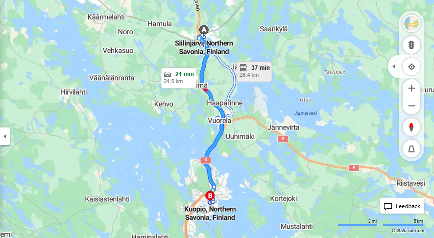 Siilinjarvilta Kuopioon - Etaisyys, Ajomatka, Kuljetus ja Matkustusvaihtoehdot