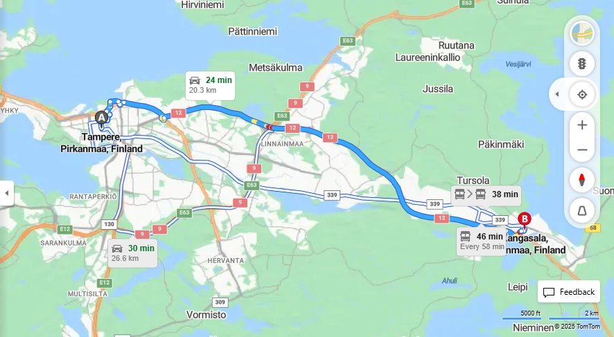 Tampereelta Kangasalle: Etaisyys, Ajo, Liikkuminen ja Matkavaihtoehdot