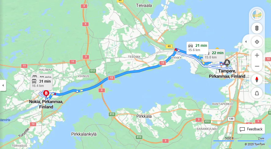 Tampereen ja Nokian valinen etaisyys, ajaminen, kuljetus ja matkustusvaihtoehdot