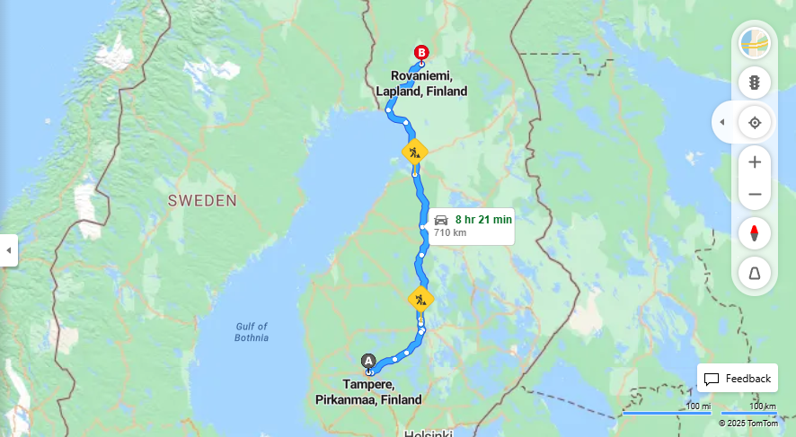 Tampereesta Rovaniemelle - Etaisyys, Ajaminen, Kuljetus ja Matkavaihtoehdot