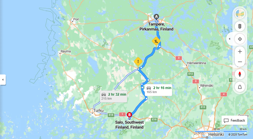 Tampereesta Saloon - Etaisyys, Ajaminen, Kuljetus ja Matkustusvaihtoehdot