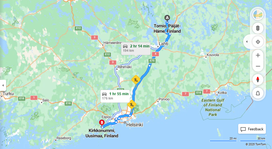Tornion ja Kirkkonummen valinen matka: Etaisyys, ajo, liikenne ja matkustusvaihtoehdot