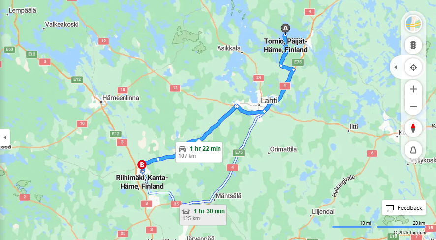 Tornion ja Riihimaen valinen etaisyys, ajo, liikenne ja matkustusmahdollisuudet
