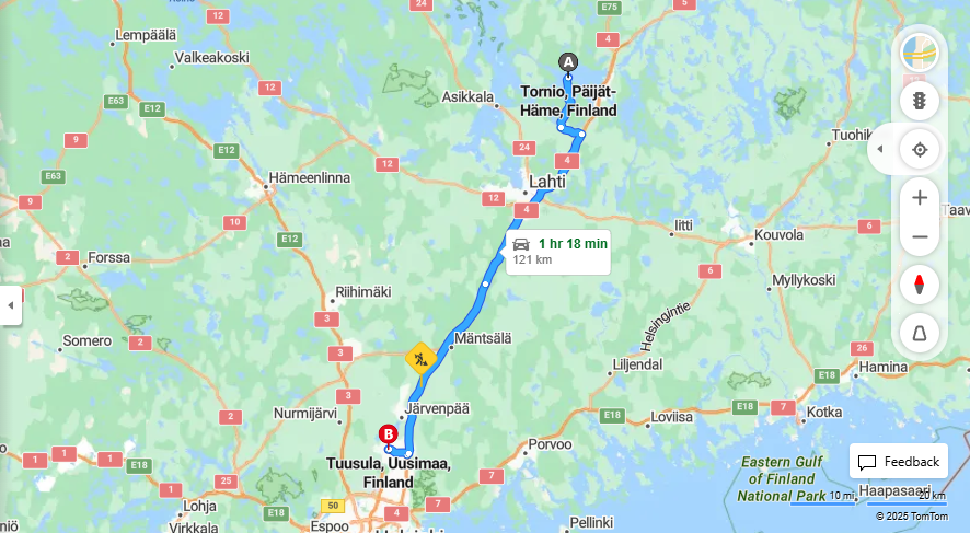 Tornion ja Tuusulan valinen etaisyys, ajaminen, kuljetus ja matkustusvaihtoehdot