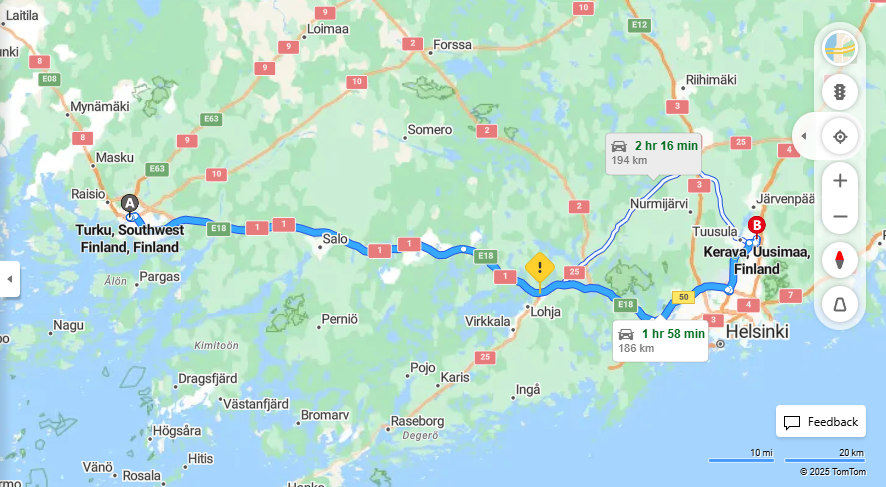 Turun ja Keravan valinen etaisyys, ajaminen, liikenne ja matkustamisvaihtoehdot