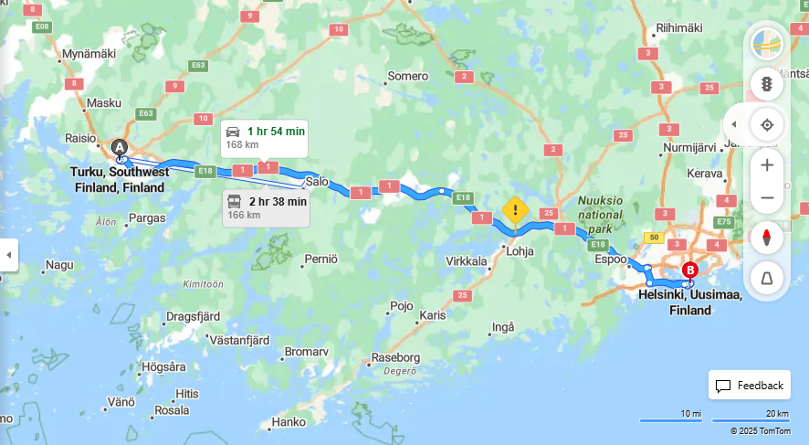 Turusta Helsinkiin - Etaisyys, Ajo, Liikenne ja Matkustusvaihtoehdot